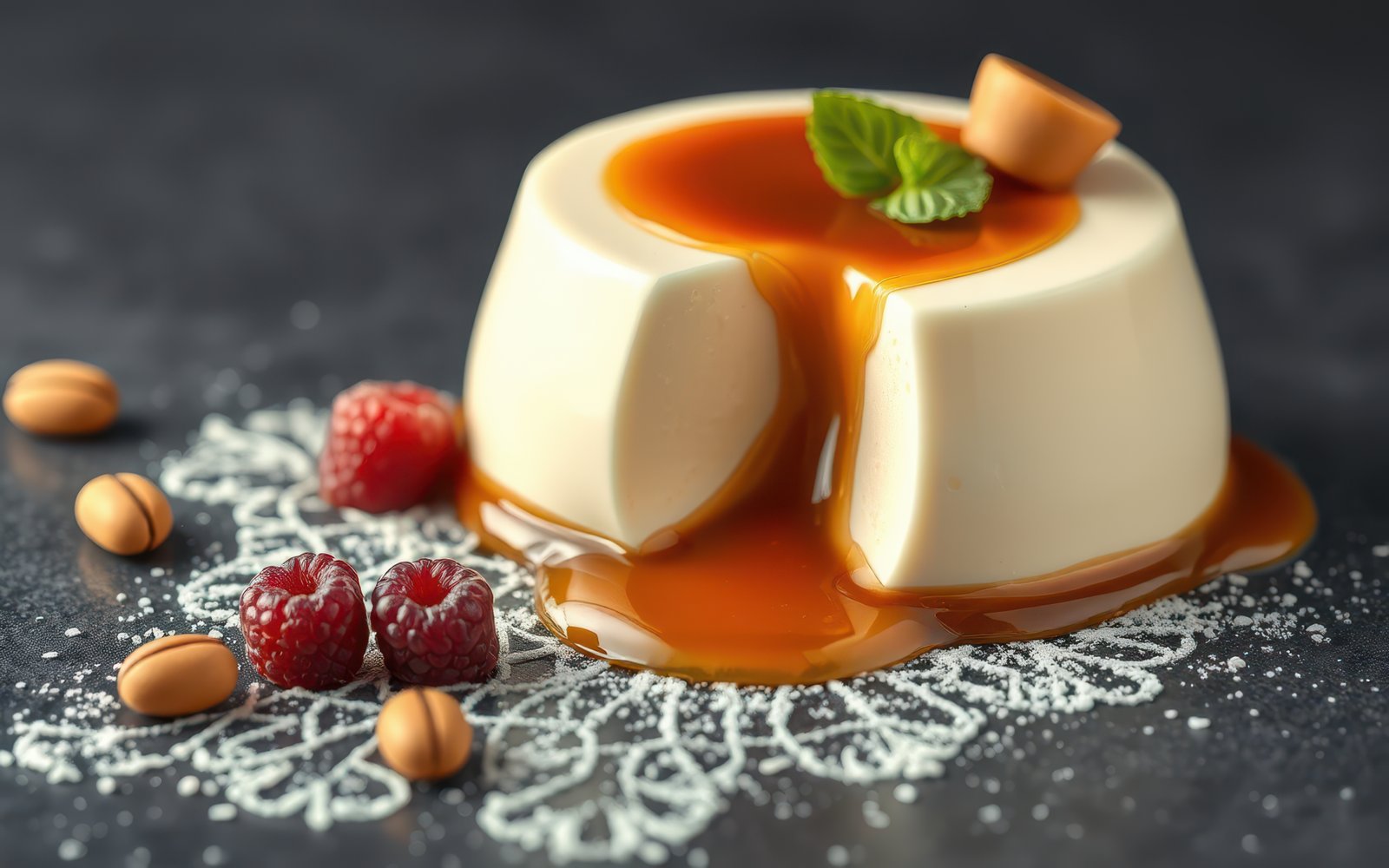 A single serving of creamy panna cotta topped with caramel sauce and a sprig of mint, surrounded by raspberries and almonds